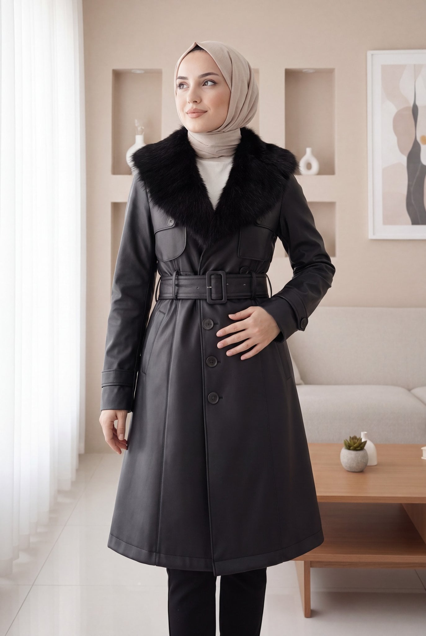 Black Faux Leather Coat with Faux Fur Collar and Belt - Podyumplus - by Peralane - photo 5