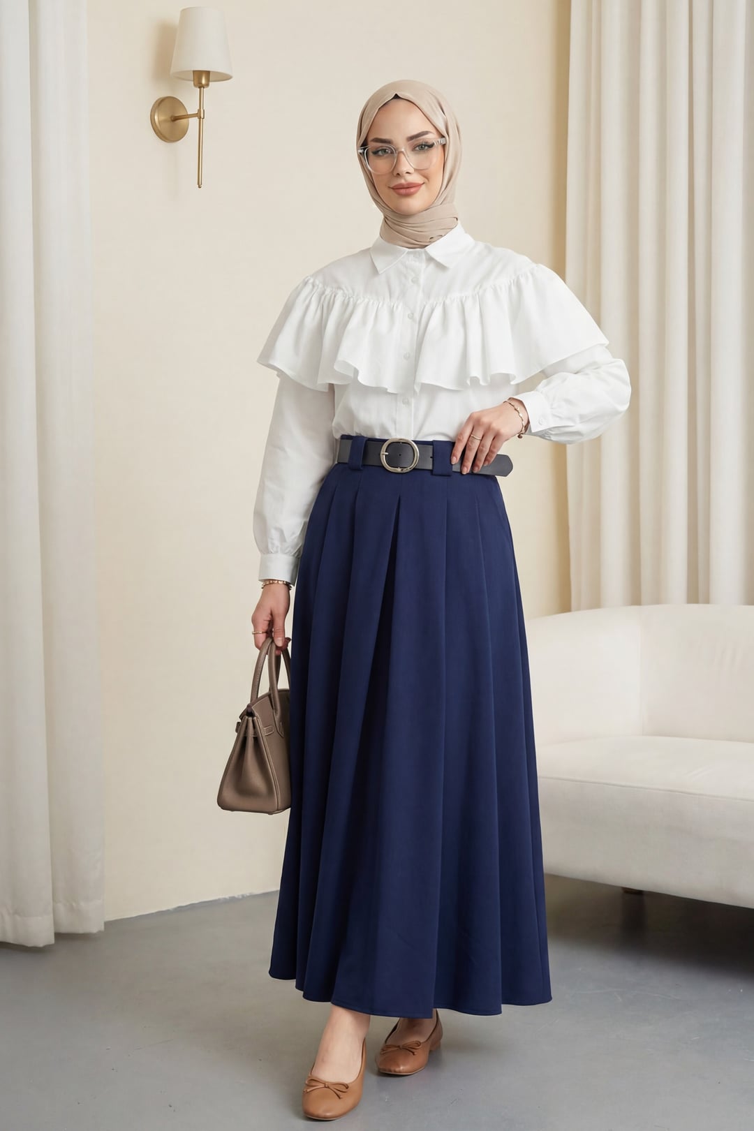 Navy Blue Thick Belted Pleated Tweed Skirt with Side Pockets - Podyumplus - by Peralane - photo 2