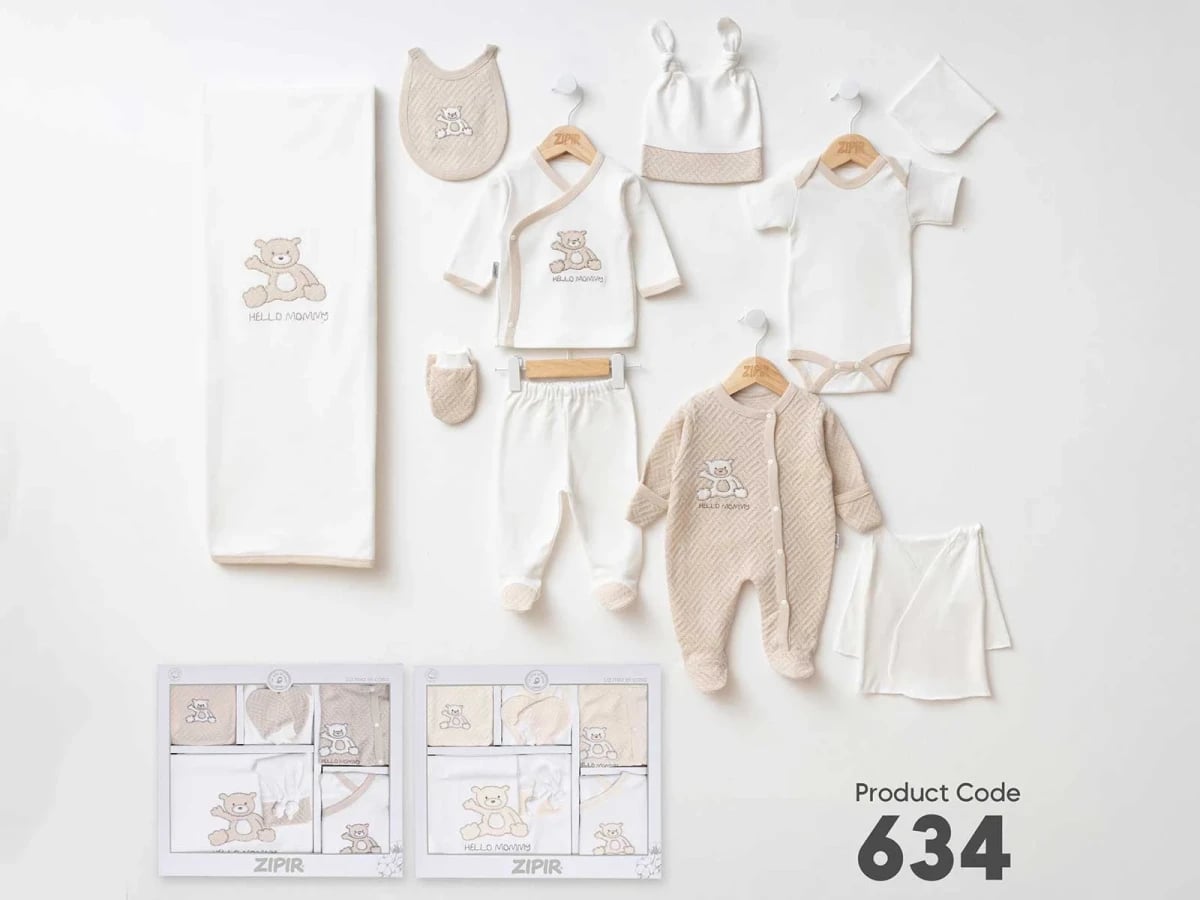 Newborn Baby Girl Hospital Exit Set with Teddy Bear Print - Cream - Zipir - by Peralane