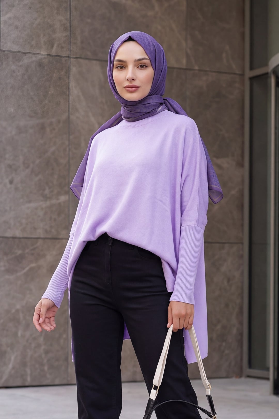 Oversize Side-Slit Poncho Knit Sweater - Lilac - Bigdart - by Peralane - photo 3