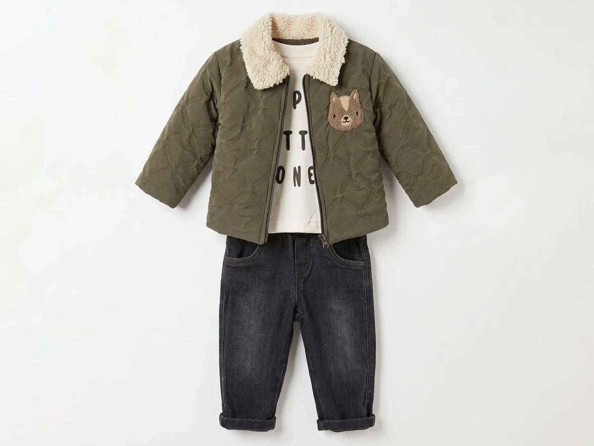Baby Boy Embroidered Dog Quilted Jacket Set - Olive Green - Canoz - by Peralane