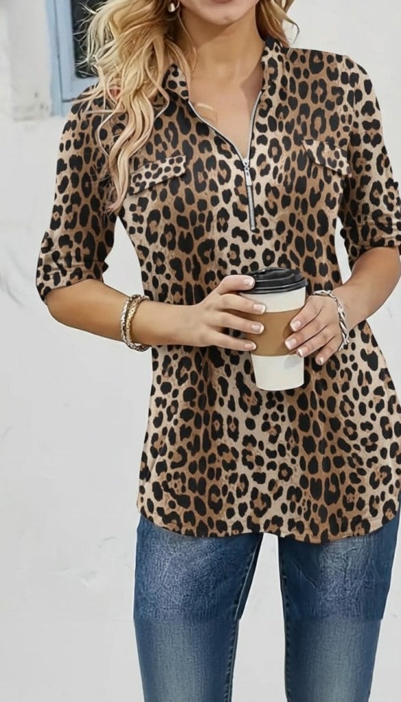 Women's Long Sleeve Quarter-Zip Leopard Print Blouse - Janes - by Peralane