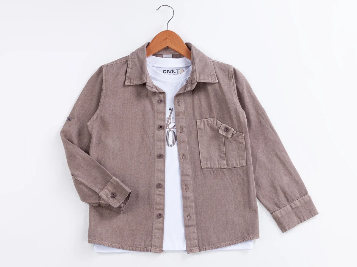 Boys 2-Piece Set: Brown Long-Sleeve Shirt & White Printed T-Shirt - Civilti - by Peralane