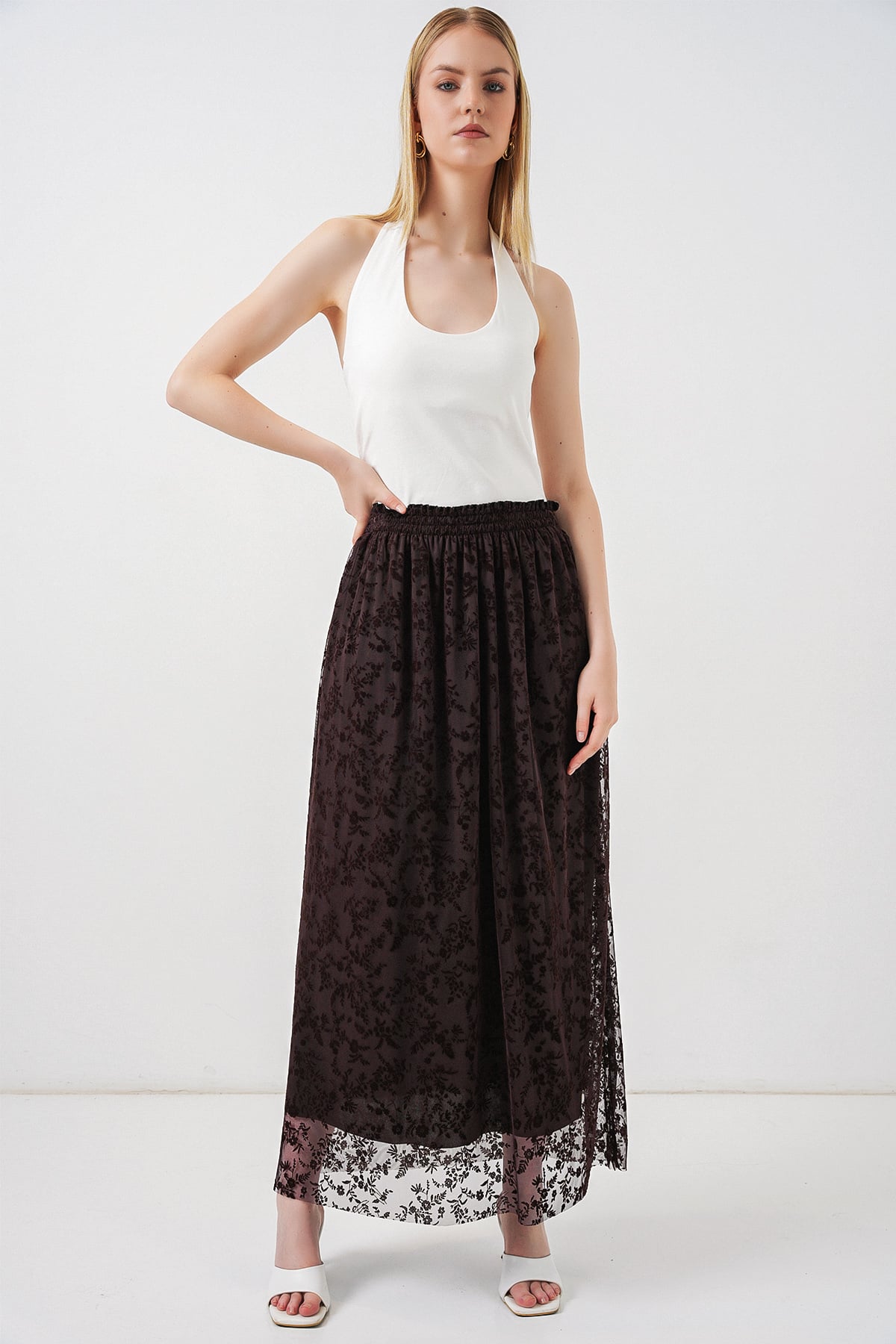 Women's Dark Brown Floral Burnout Long Skirt with Lining - Bigdart - by Peralane - photo 4