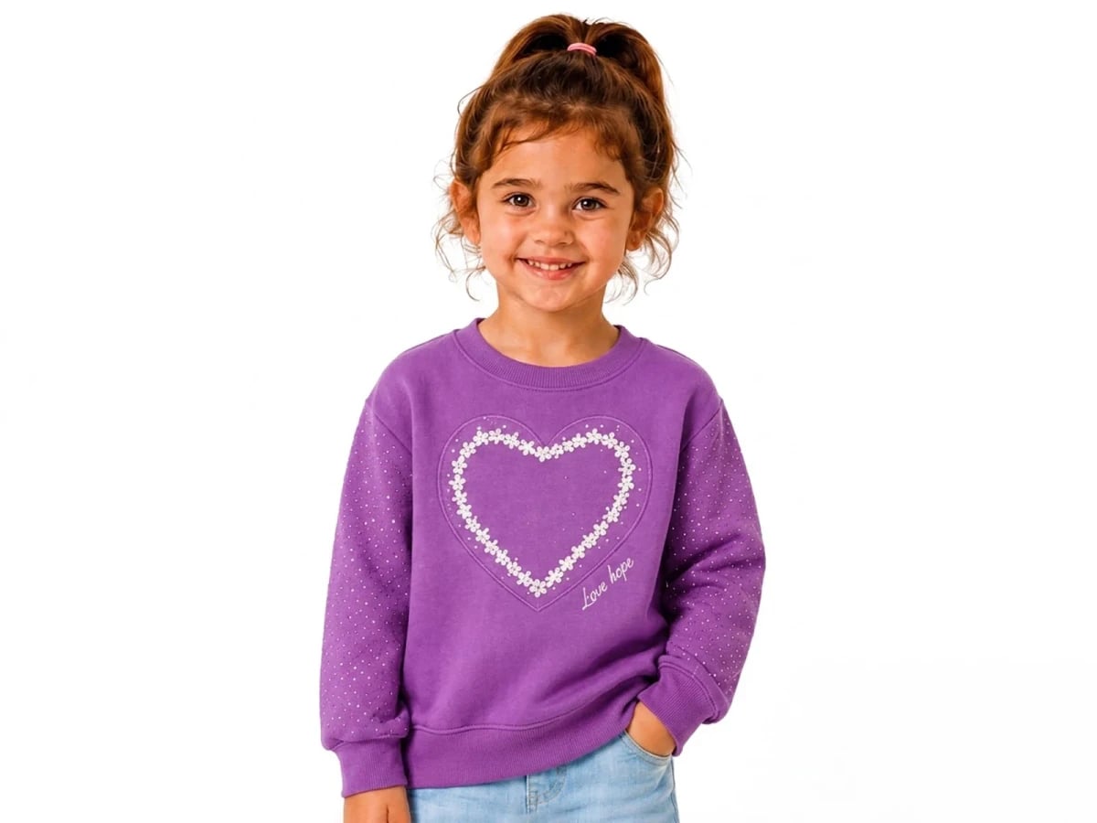 Girls' Heart Embroidered Sweatshirt with Stone Details - Lilac - Bittos Kids - by Peralane