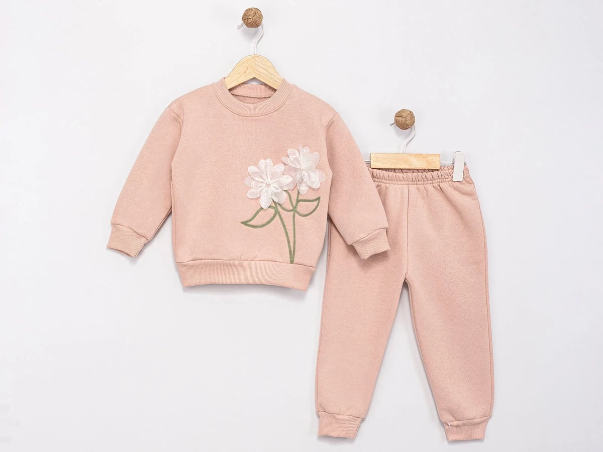 Girls' Floral Embroidered Fleece Sweatshirt and Trousers Set - Blush Pink - Feely Kids - by Peralane