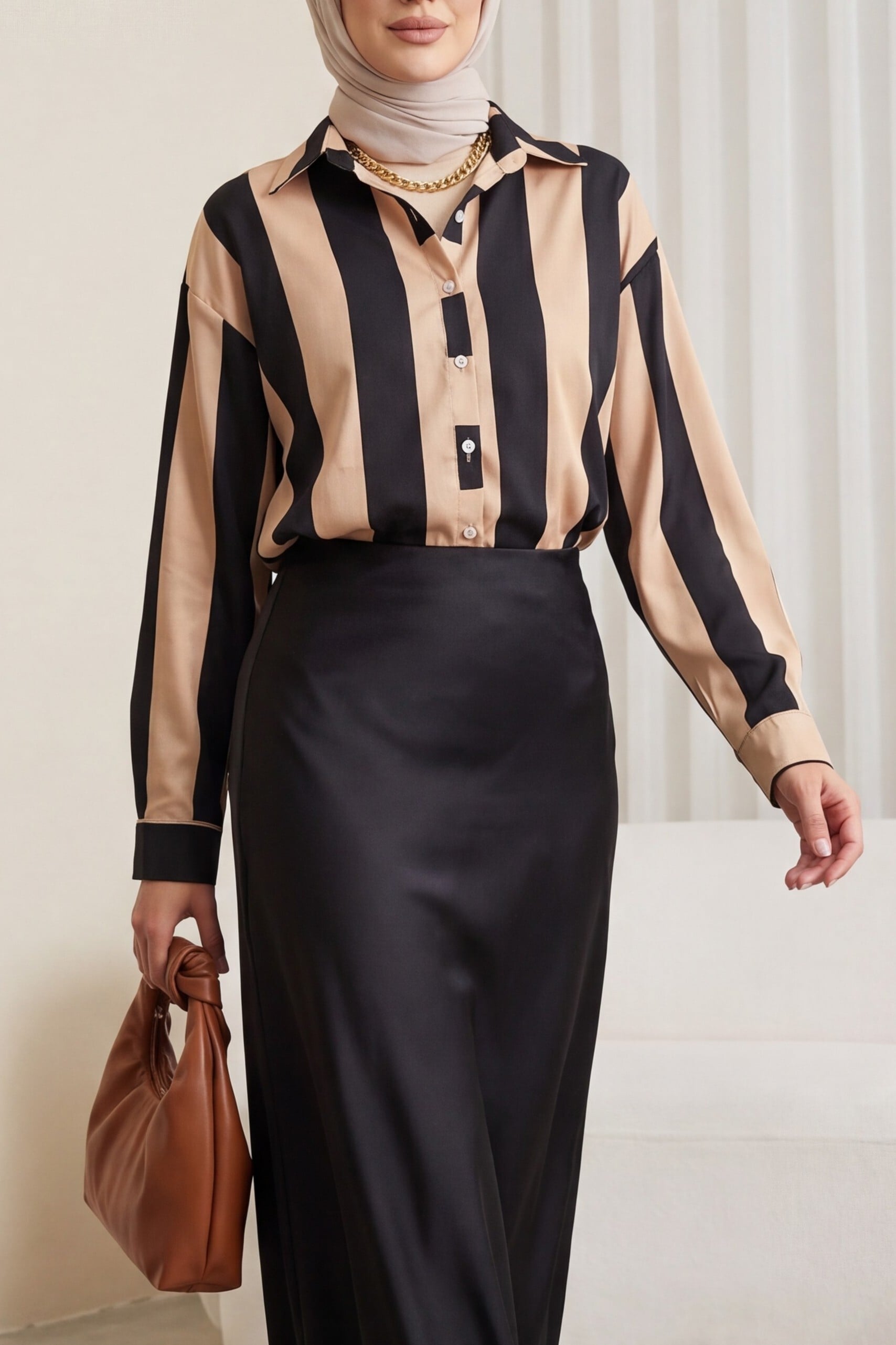 Women's Thick Stripe Button-Down Long-Sleeve Blouse in Beige - Podyumplus - by Peralane - photo 3