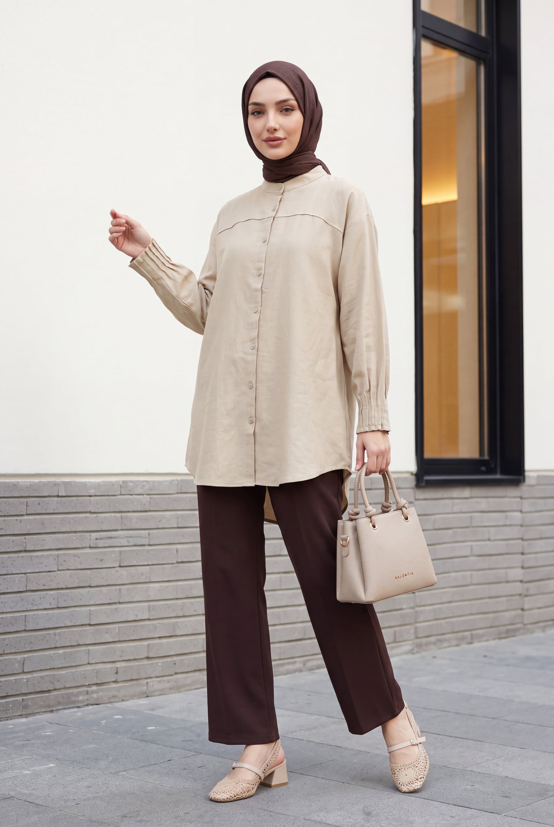 Oversize Beige Tunic Shirt with Band Collar and Pleated Cuffs - Podyumplus - by Peralane - photo 3
