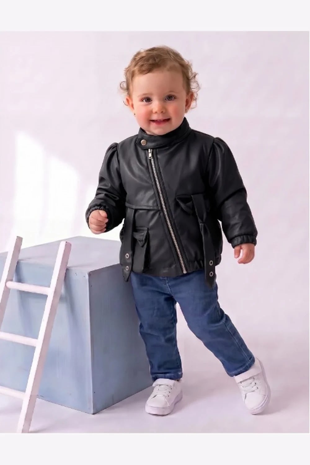 Girls' 3-Piece Set with Faux Leather Jacket - Black - Has Bereket - by Peralane