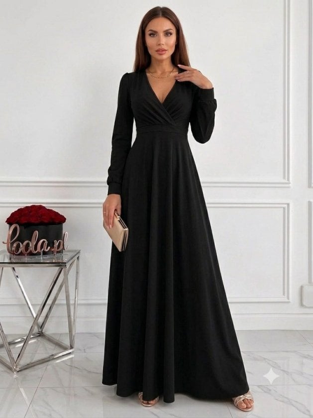 Women's Long-Sleeved Wrap V-Neck Pleated Waist Long Crepe Dress - Janes - by Peralane - photo 3