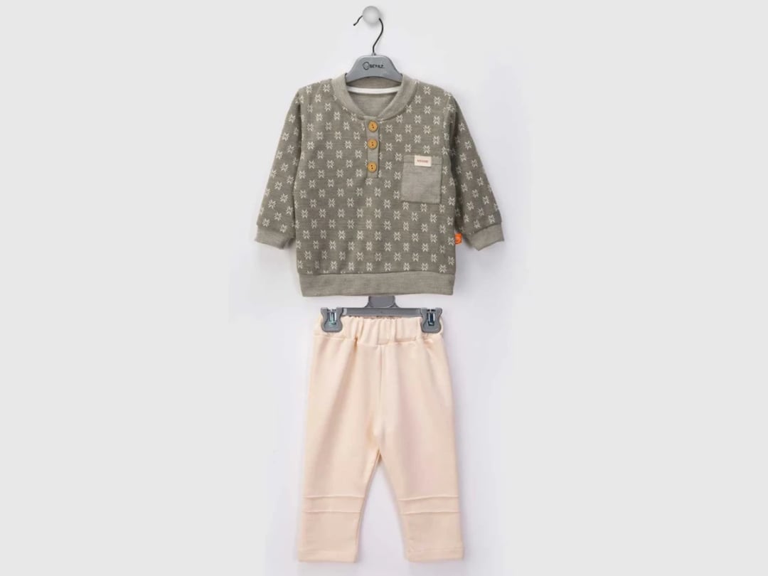 Patterned Baby Boy Knit Set - Long Sleeve Top and Trousers - Beyaz Bebek - by Peralane