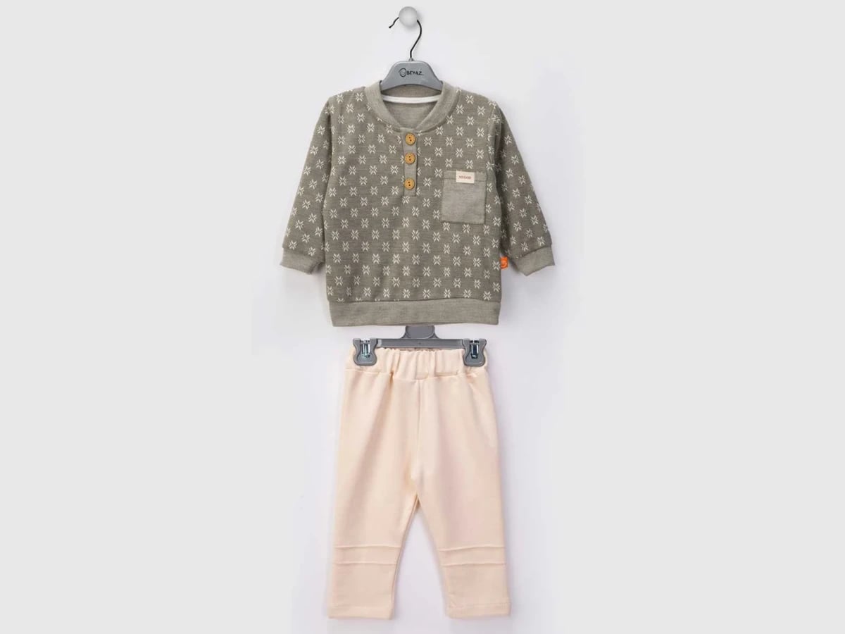 Patterned Baby Boy Knit Set - Long Sleeve Top and Trousers - Beyaz Bebek - by Peralane