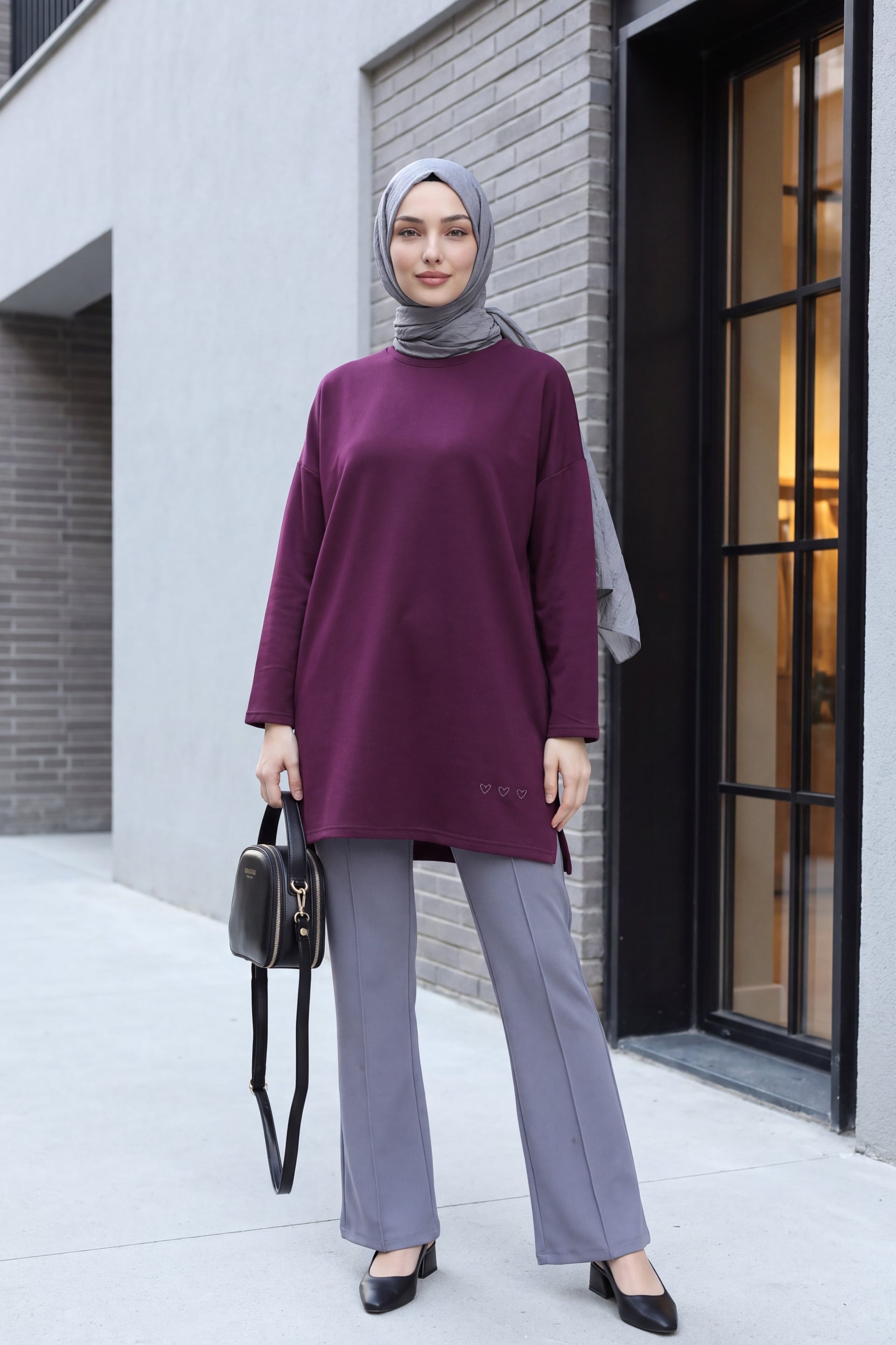 Heart Detail Slit Casual Cotton Jersey Tunic - Plum - Podyumplus - by Peralane - photo 3