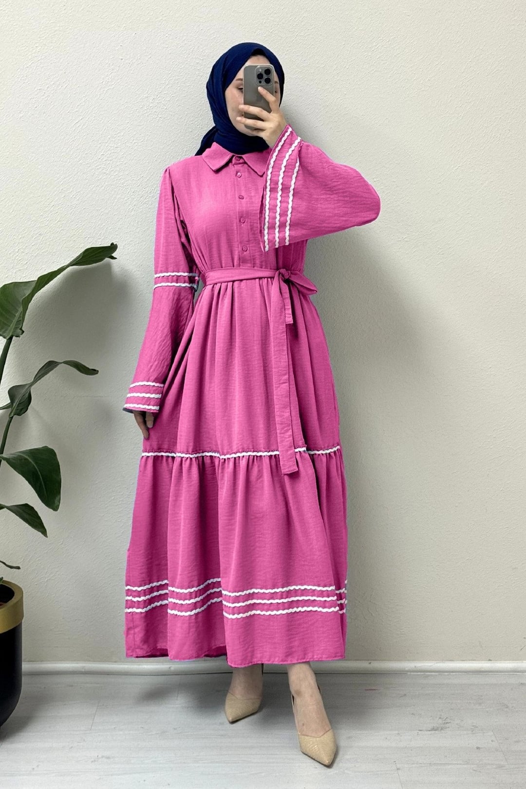 Fuchsia Tiered Modest Dress with Bell Sleeves and White Trim - Podyumplus - by Peralane