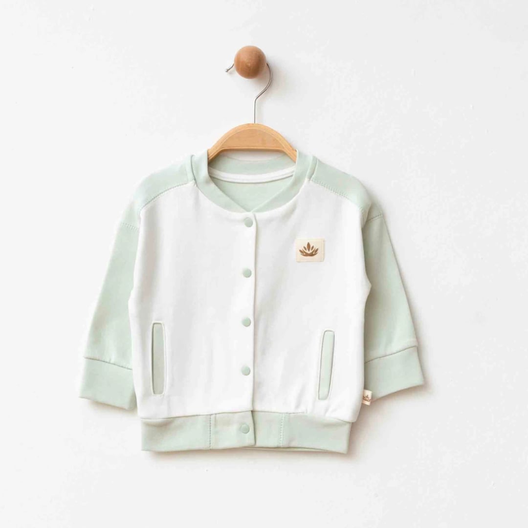 Organic Cotton Baby Cardigan with Embroidered Patch – Light Green and White - Eslenza - by Peralane