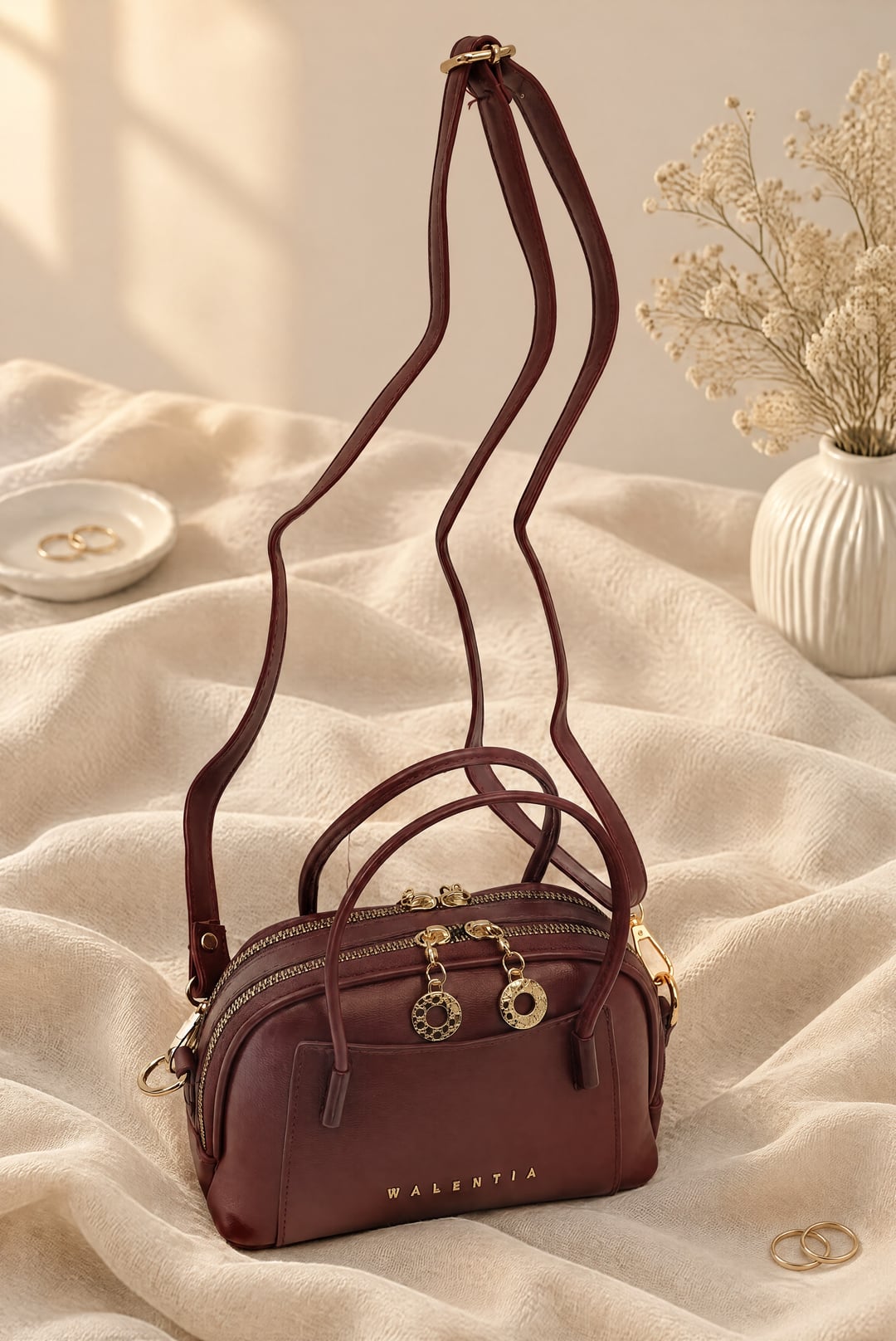 Mini Handbag with Short Handles and Long Strap in Burgundy - Podyumplus - by Peralane