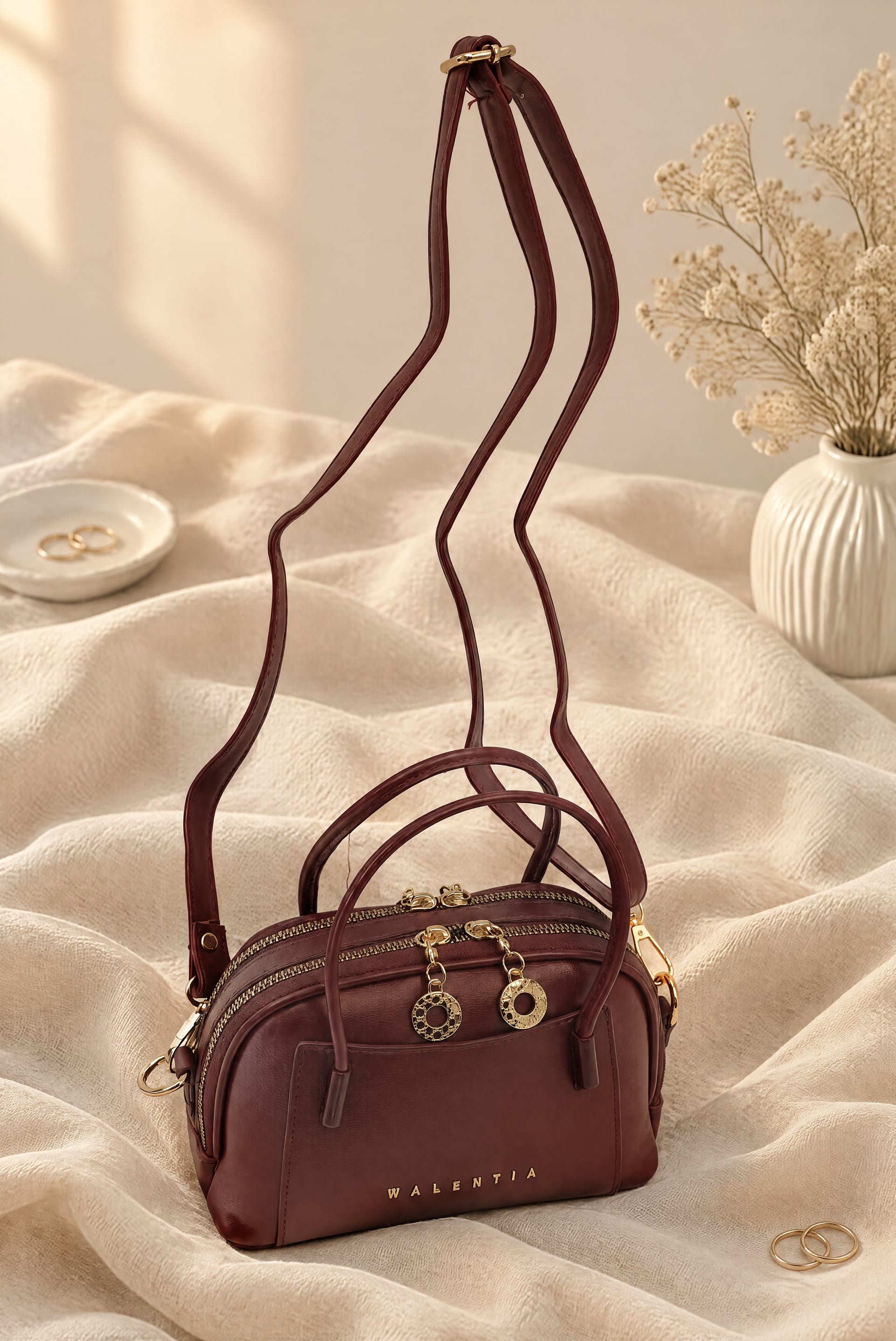 Mini Handbag with Short Handles and Long Strap in Burgundy - Podyumplus - by Peralane