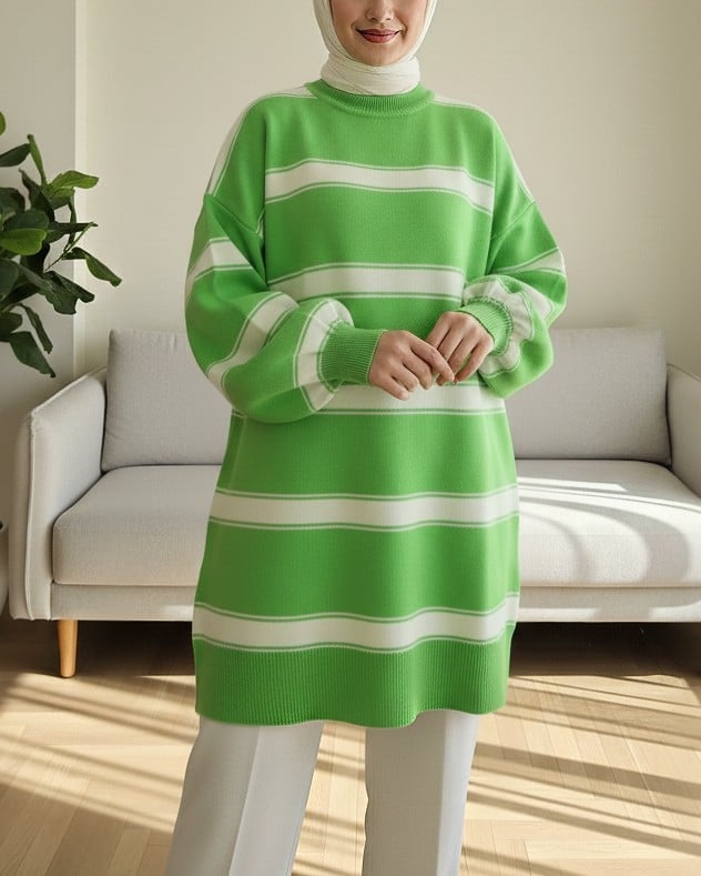 Striped Half-Collar Balloon Sleeve Knit Tunic - Light Green - Podyumplus - by Peralane - photo 2