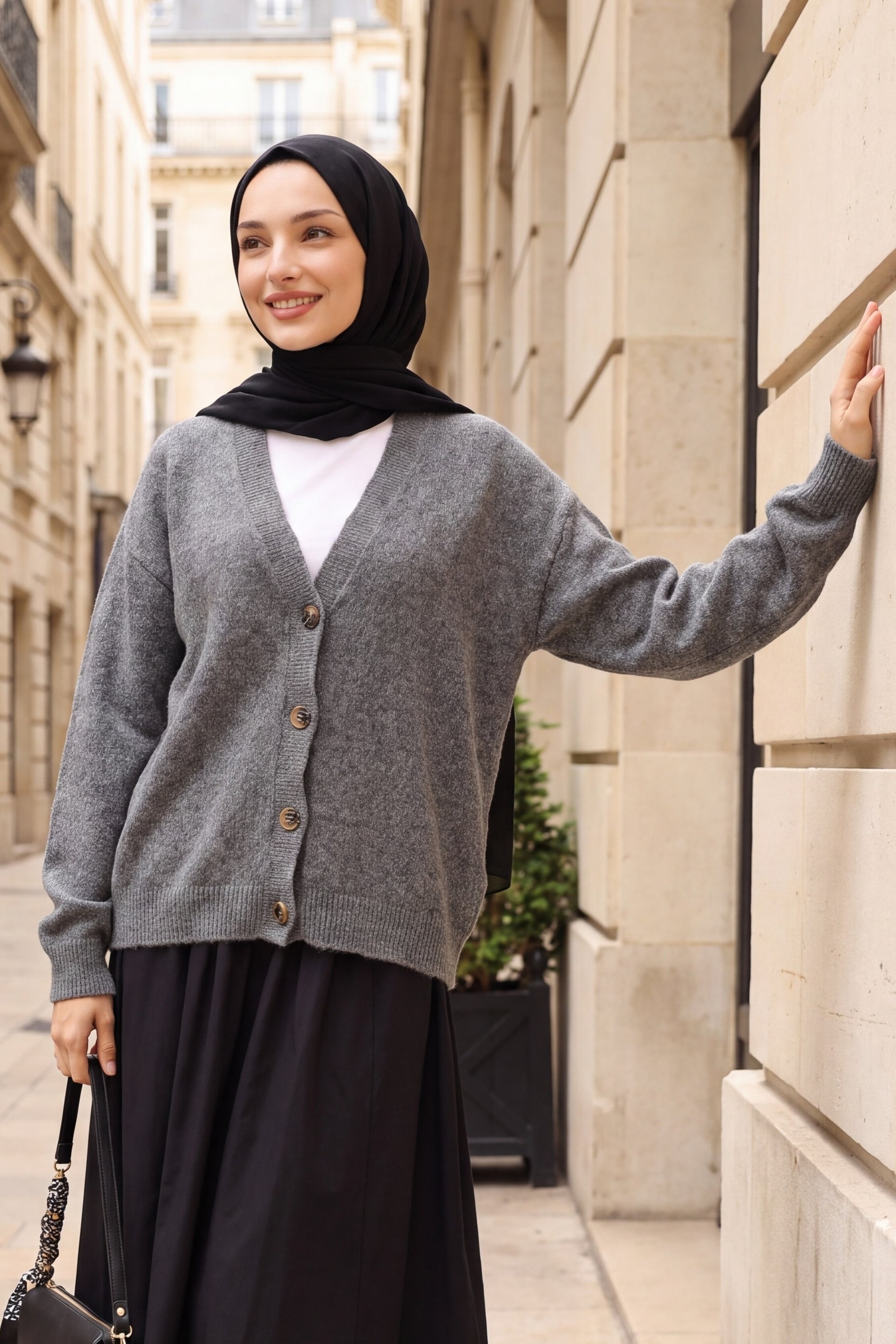 V-Neck Button-Front Soft Knit Cardigan - Smoke - Podyumplus - by Peralane