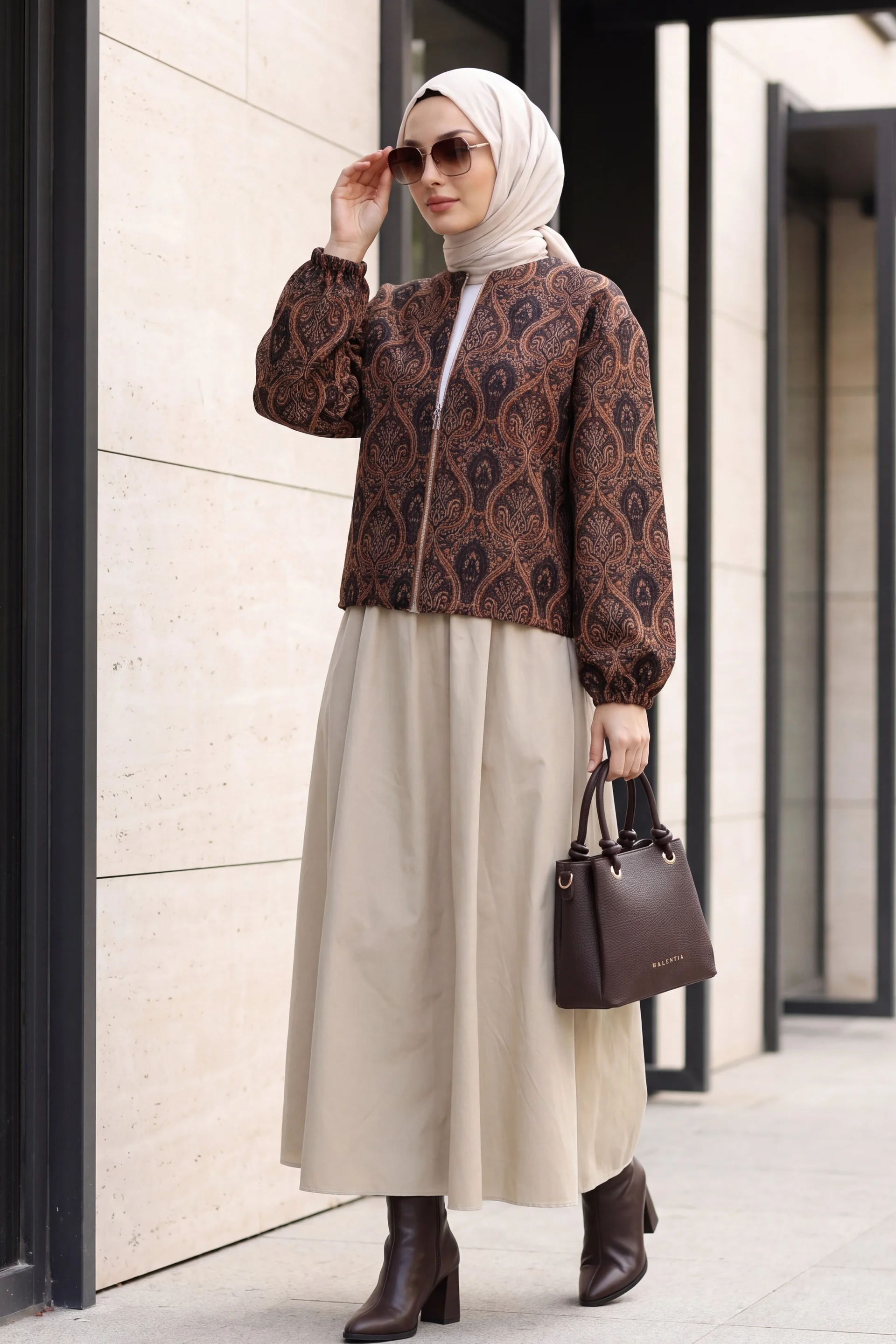 Jacquard Zip-Up Balloon Sleeve Jacket in Tan - Podyumplus - by Peralane - photo 4