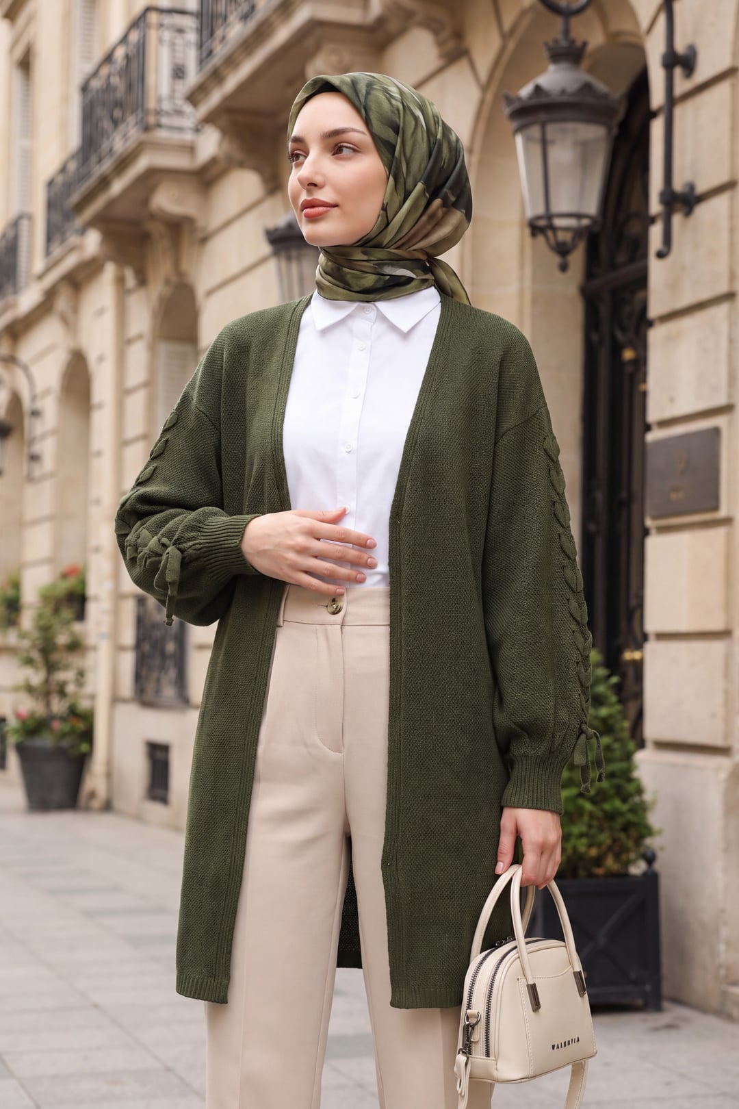 Braided Sleeve Relaxed Knit Cardigan - Olive - Podyumplus - by Peralane - photo 2