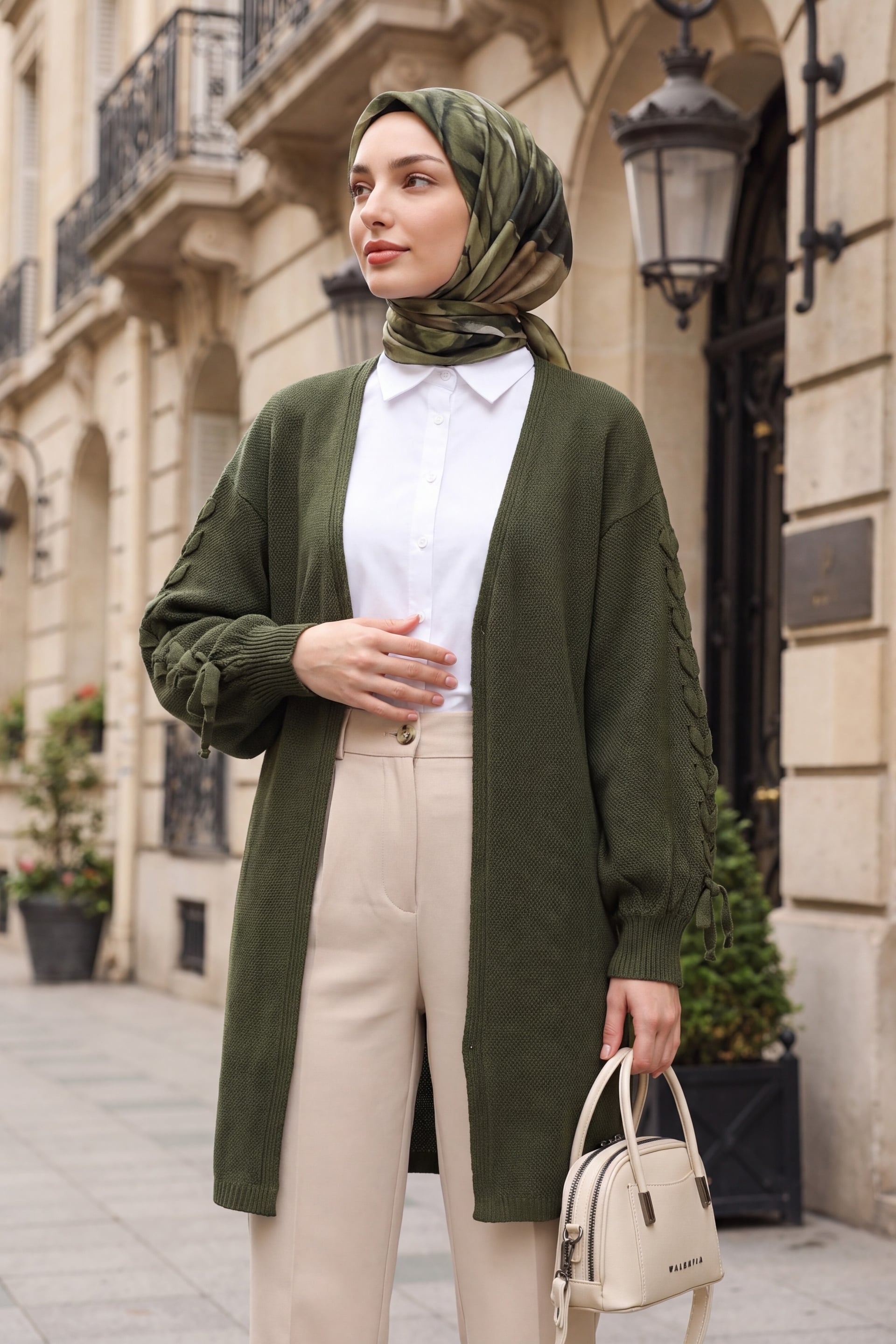 Braided Sleeve Relaxed Knit Cardigan - Olive - Podyumplus - by Peralane - photo 2