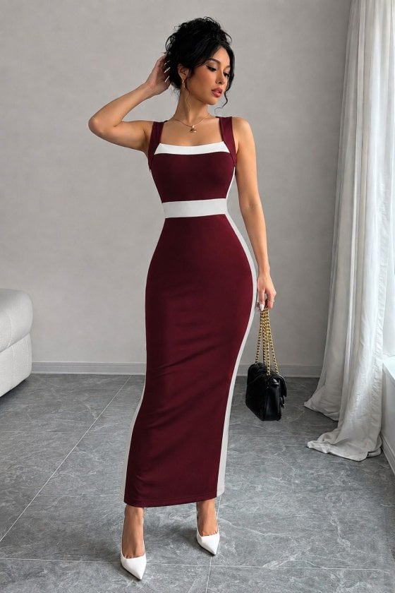 Women's Sleeveless Geometric Neckline Striped Detail Long Maxi Dress - Janes - by Peralane - photo 3