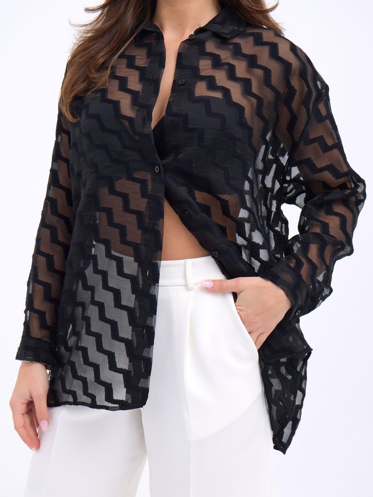 Sheer Black Long-Sleeved Blouse with Geometric Zigzag Pattern - Fame - by Peralane - photo 5