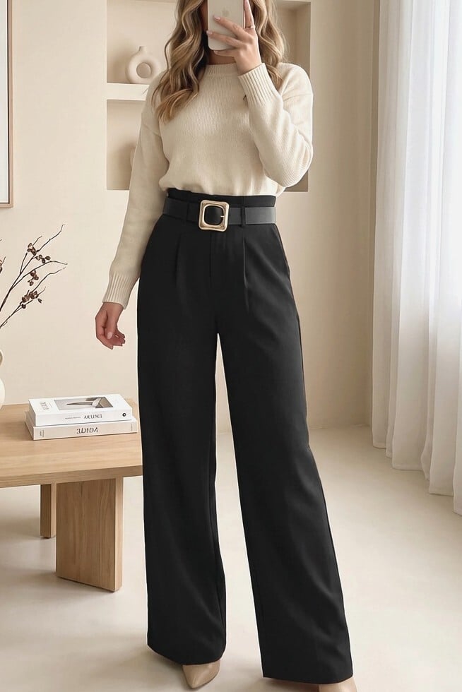 High-Waist Wide-Leg Pleated Modal Crepe Trousers with Belted Waist - Black - Podyumplus - by Peralane