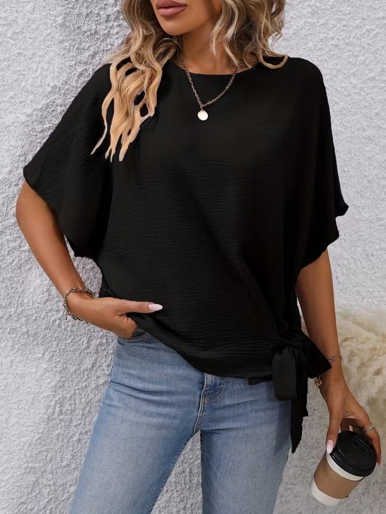 Women's Short-Sleeved Round Neck Side-Tie Textured Blouse - Janes - by Peralane - photo 4