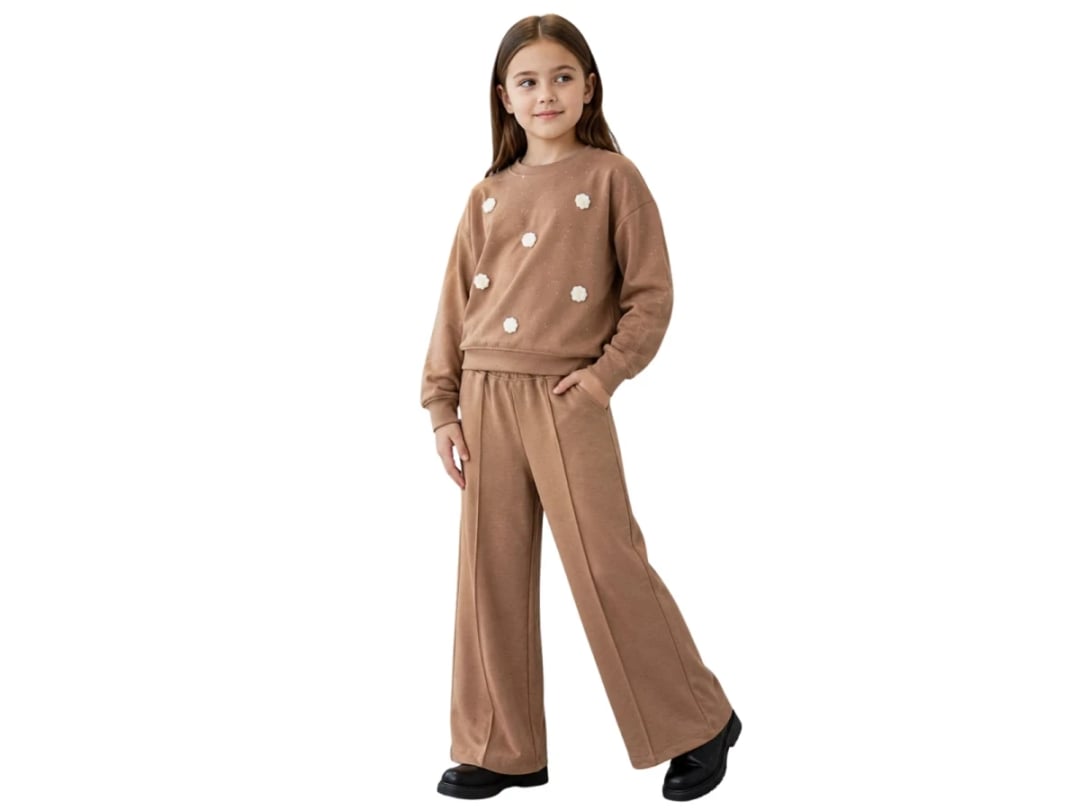 Girls' Brown Floral Glitter Sweatshirt and Trousers Set - Incilay - by Peralane