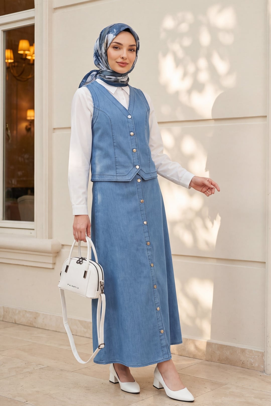 Buttoned Denim Vest and Skirt Co-ord Set - Light Blue - Podyumplus - by Peralane - photo 4