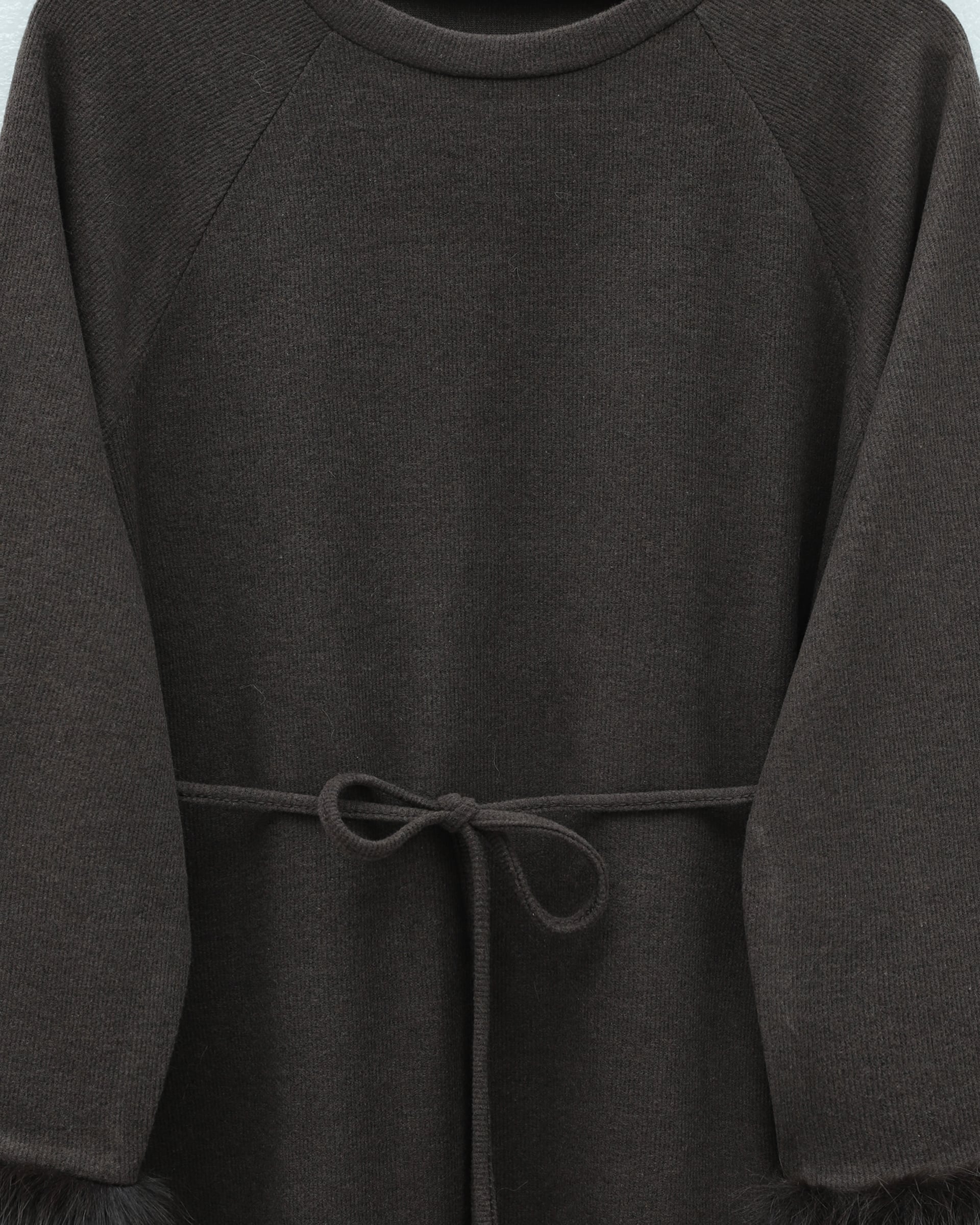 Long Sleeve Faux Fur Trim A-Line Knit Dress with Tie Waist - Brown - Podyumplus - by Peralane - photo 5