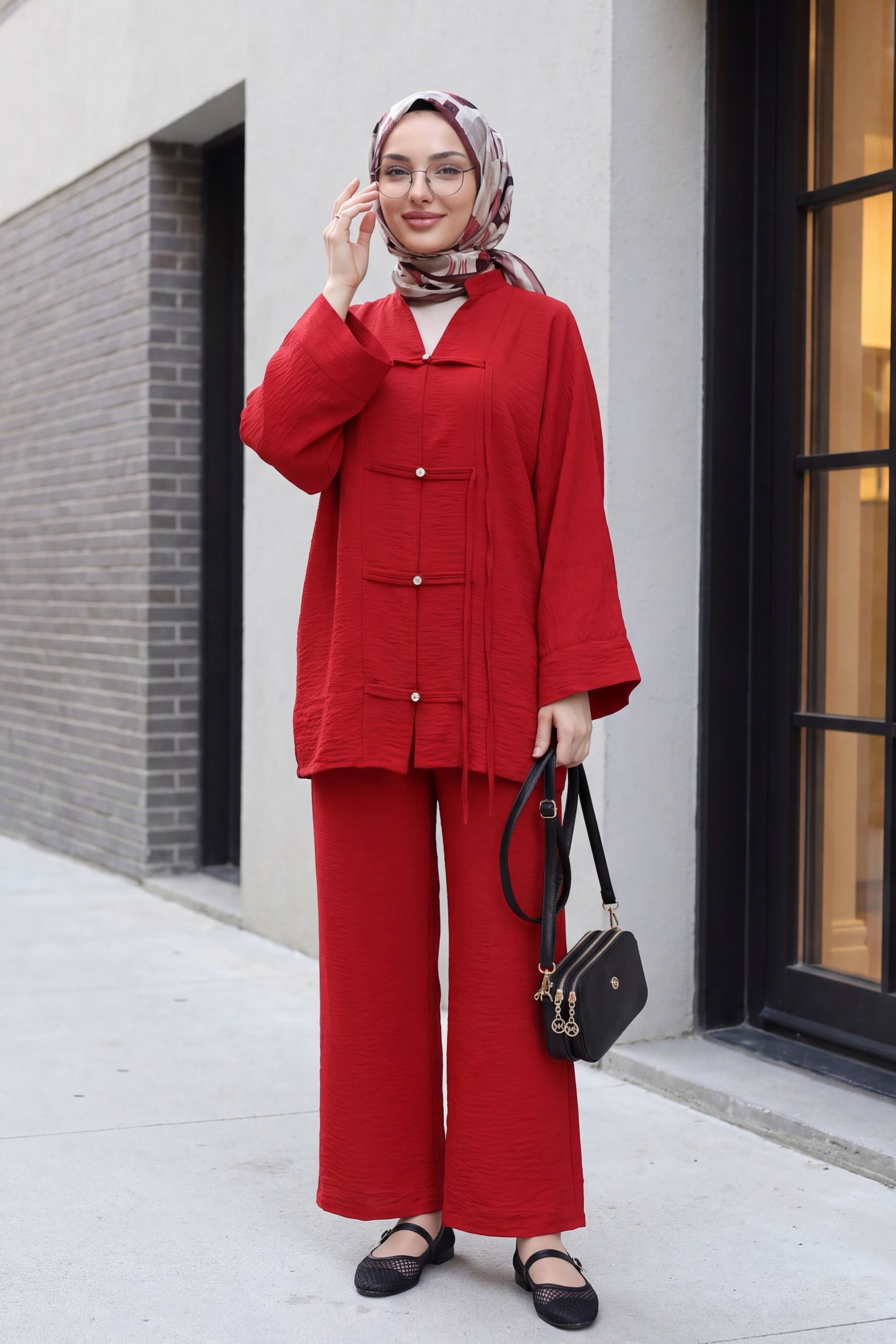Red Stone-Button Wide-Leg Tunic and Trouser Co-ord Set for Women - Podyumplus - by Peralane