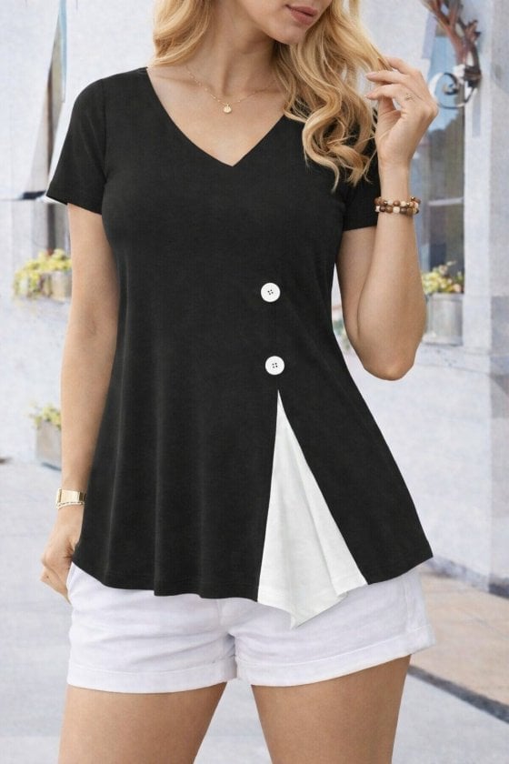Women's Short Sleeve Asymmetric V-Neck Button Detail Viscose Blouse - Janes - by Peralane - photo 3