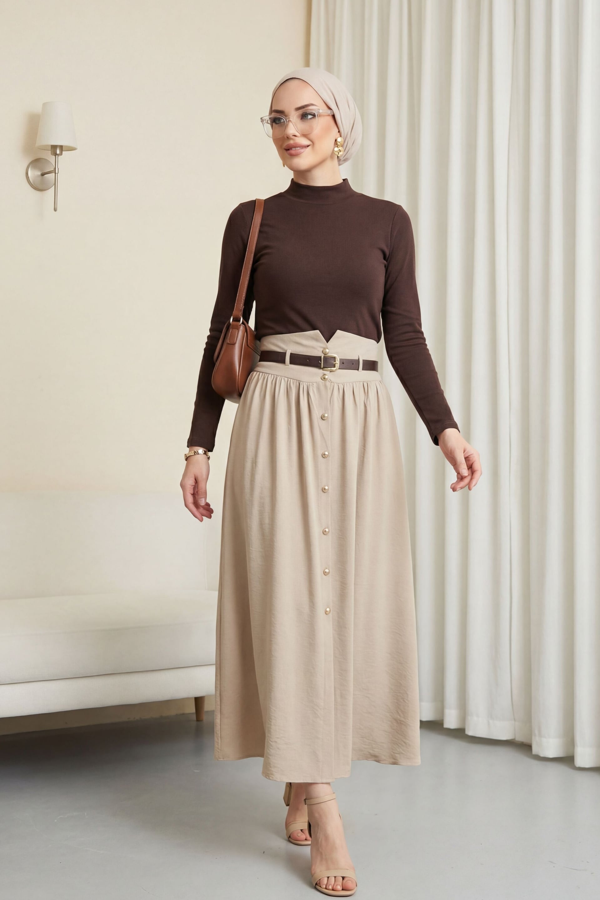 High-Waist Button-Front Modal Skirt with Belt - Stone - Podyumplus - by Peralane - photo 2