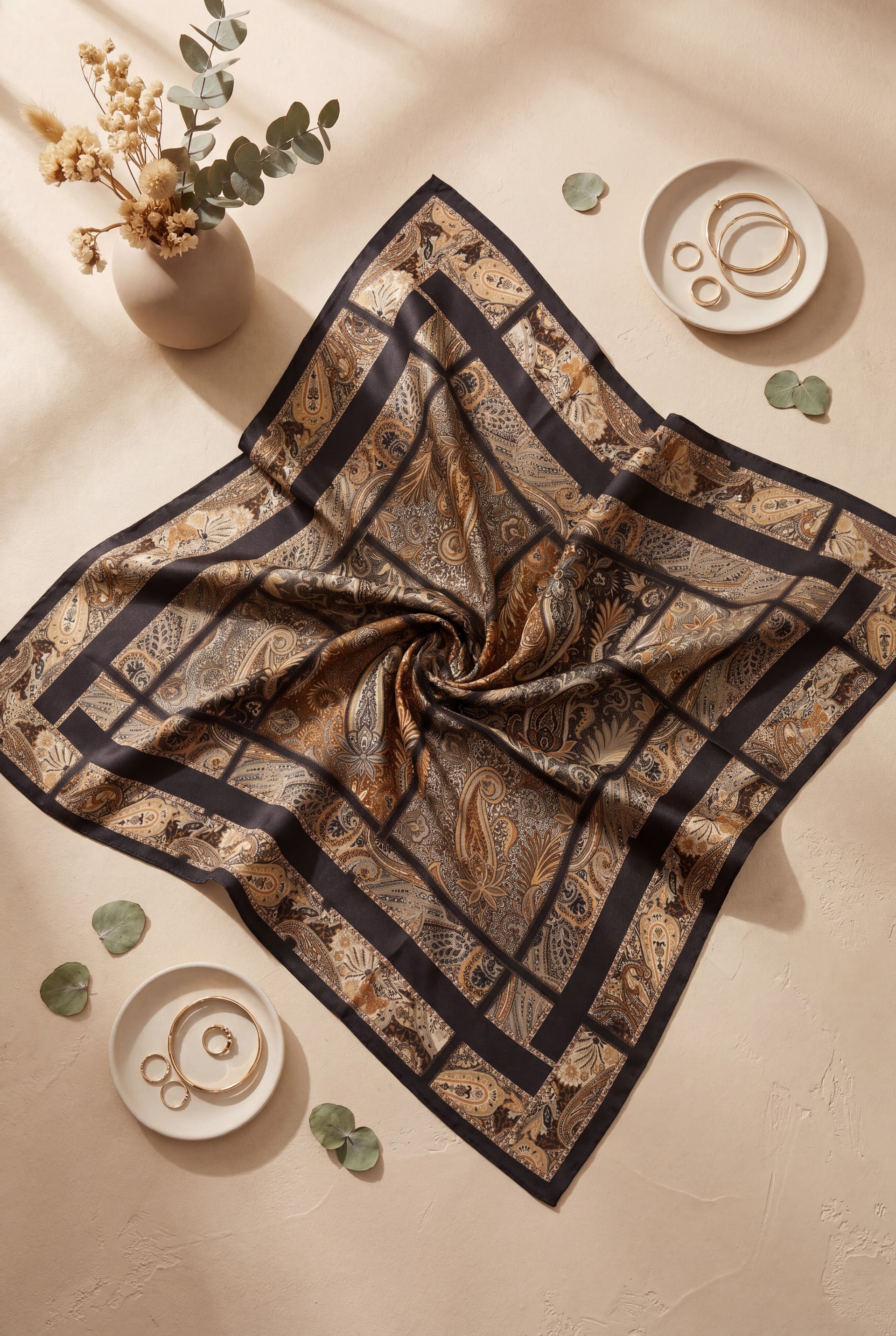 Geometric Frame Rayon Scarf - Tan - Podyumplus - by Peralane