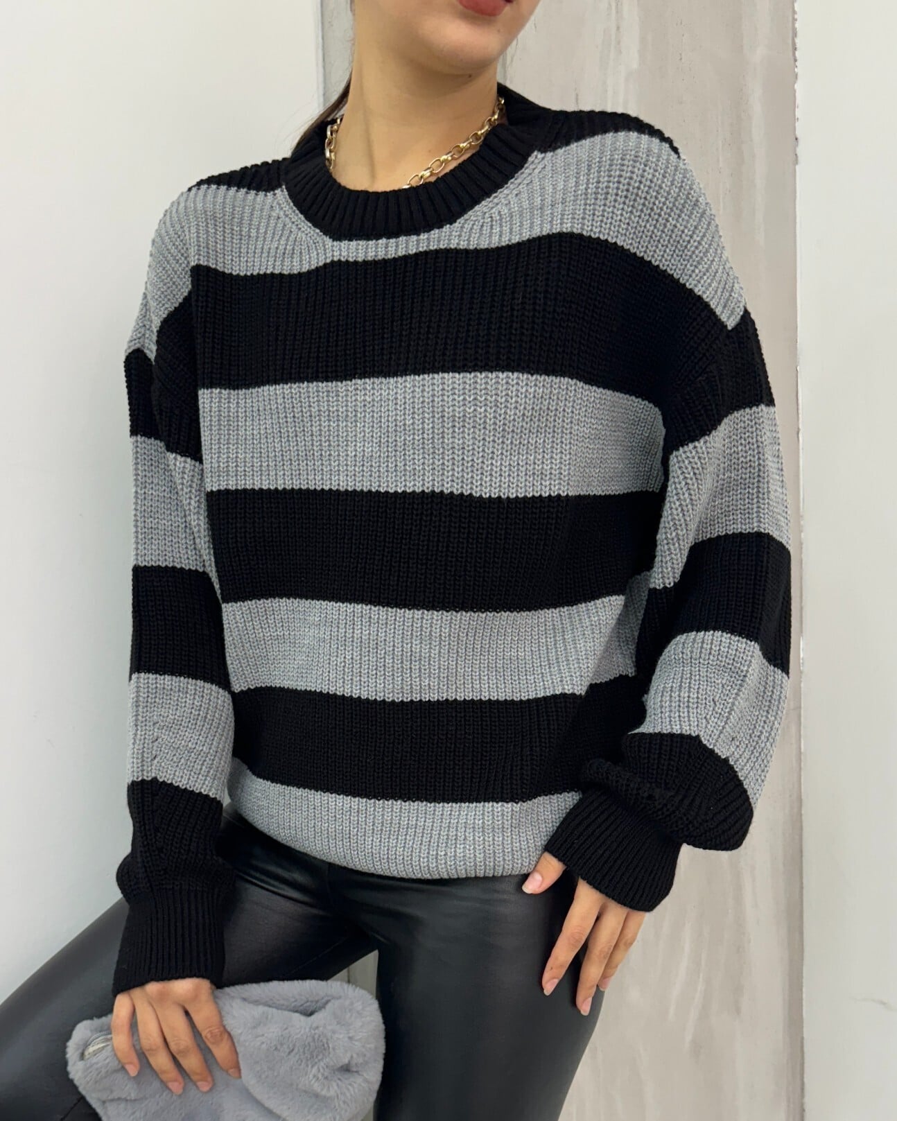 Black and Grey Striped Crew Neck Knit Sweater with Dropped Shoulders - Podyumplus - by Peralane - photo 7