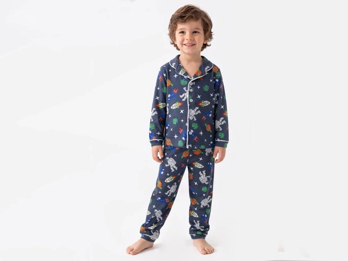 Space Print Collared Button-Up Boys' Pyjama Set - Dolas - by Peralane