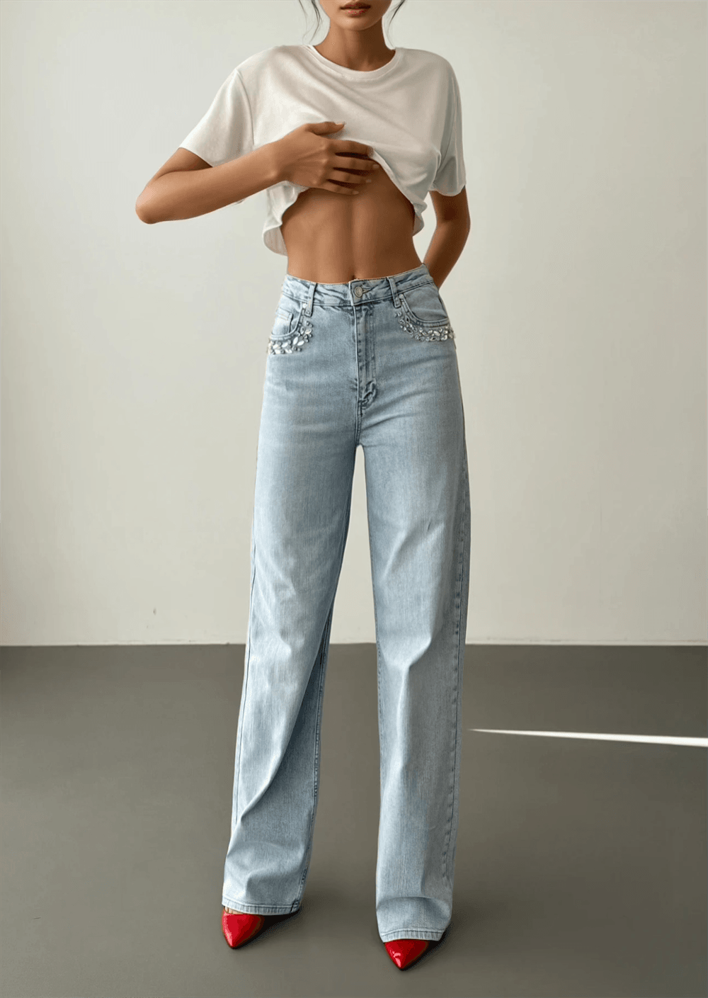 High Waist Rhinestone Detail Light Blue Flared Denim Jeans - Lacarino Jeans - by Peralane - photo 3