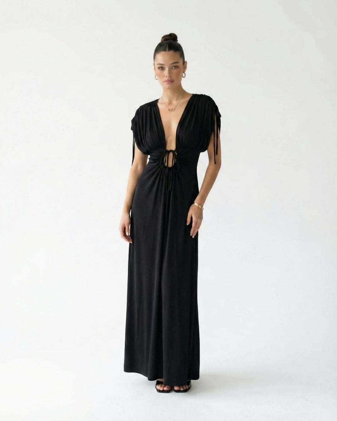 Black Flutter Sleeve V-Neck Maxi Dress - Fame - by Peralane