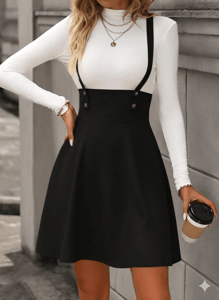 Women's Black Suspender Mini Skirt with Buttons - Janes - by Peralane