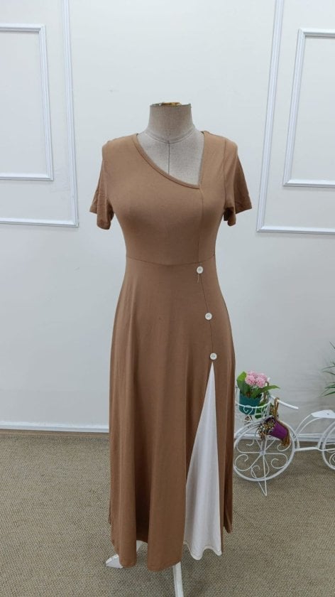 Women's Short Sleeve Asymmetric Neck Button Detail Midi Viscose Dress - Janes - by Peralane - photo 4