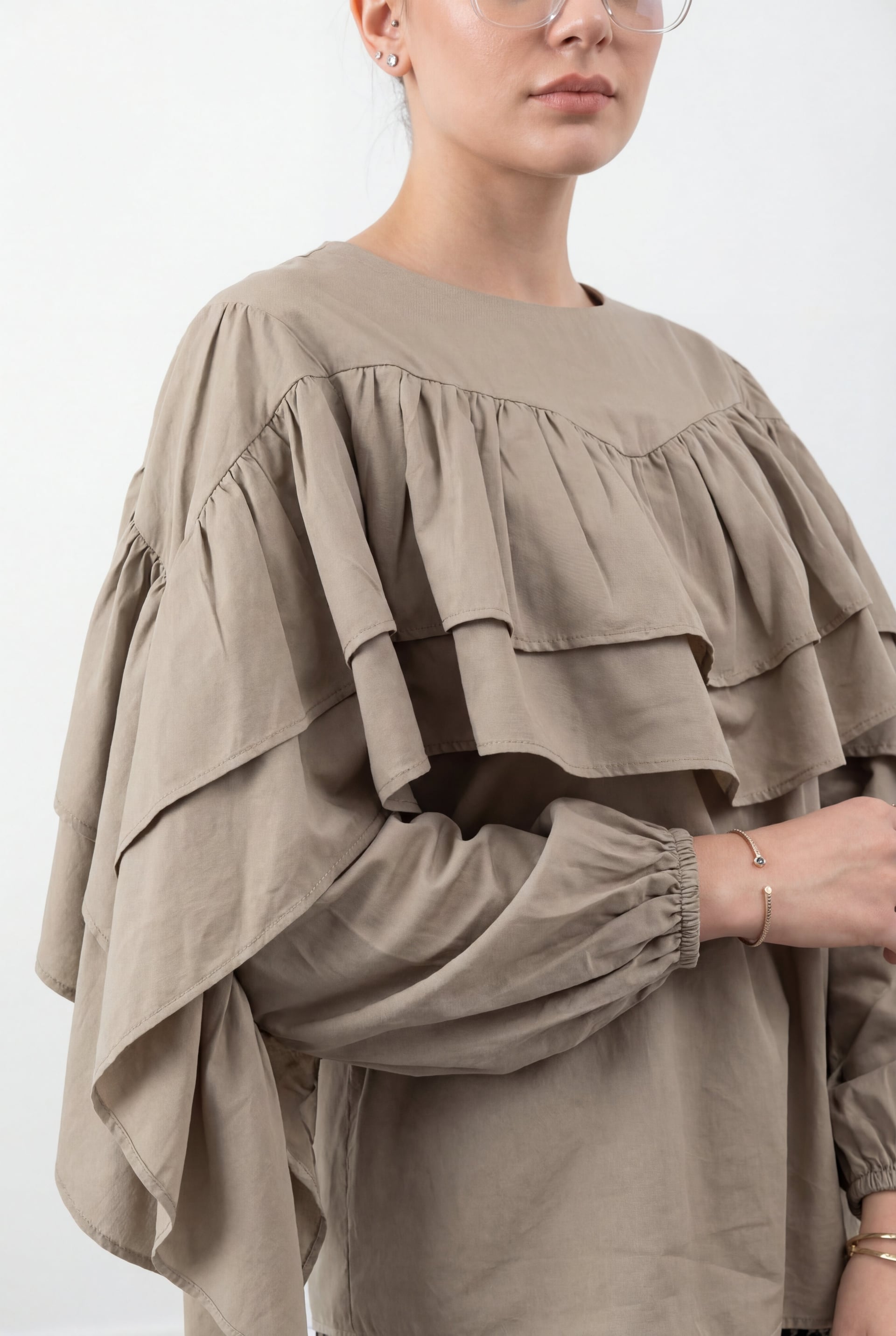 Ruffled Sleeve Blouse with Elastic Cuffs - Olive Green - Podyumplus - by Peralane - photo 7