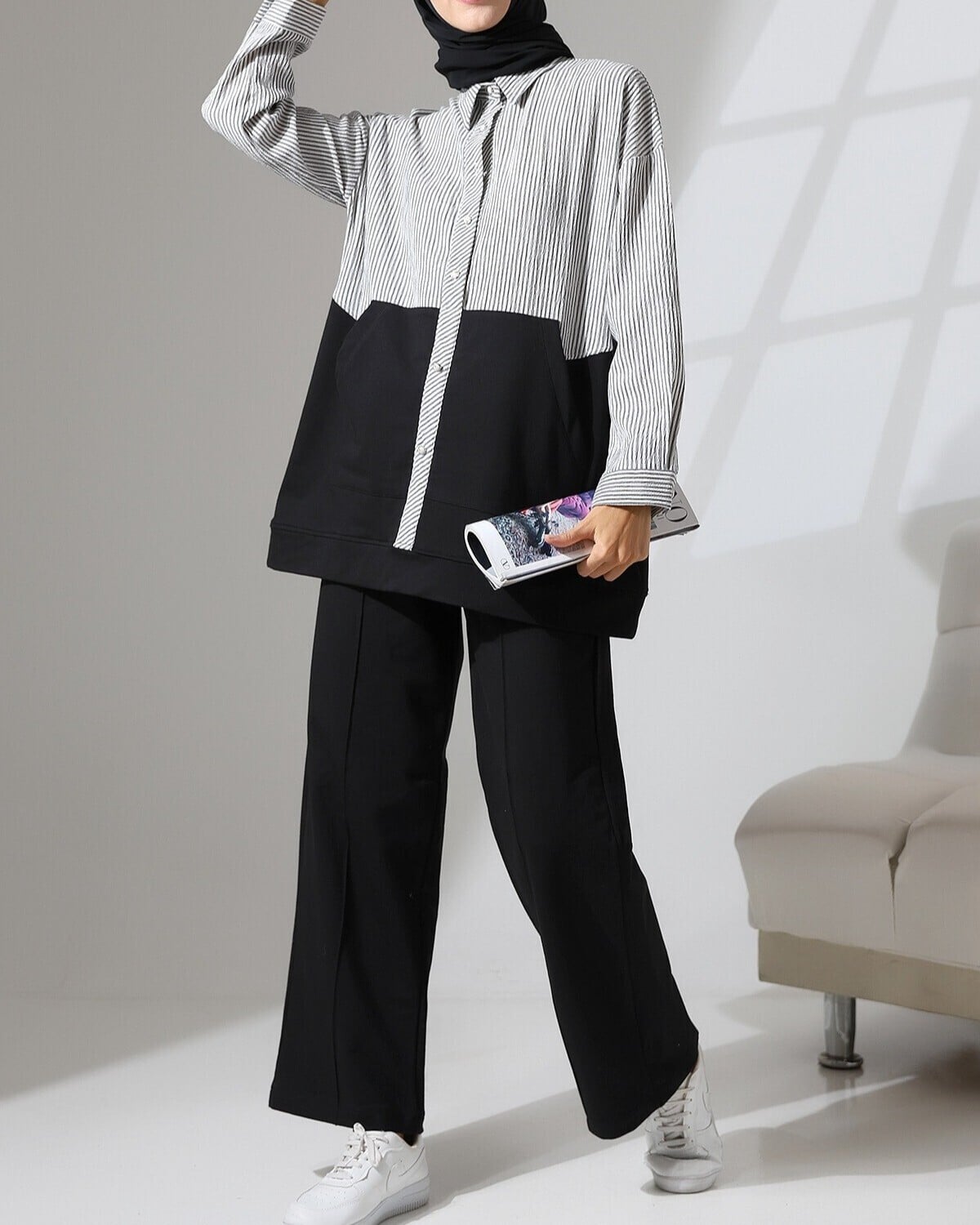 Striped Shirt Detail Two-Piece Set - Black - Podyumplus - by Peralane - photo 7