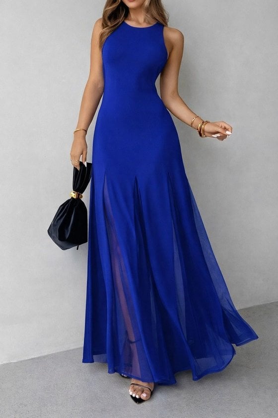Women's Sleeveless Crew Neck Long Dress with Tulle Trim and Asymmetric Flared Hem - Janes - by Peralane - photo 3