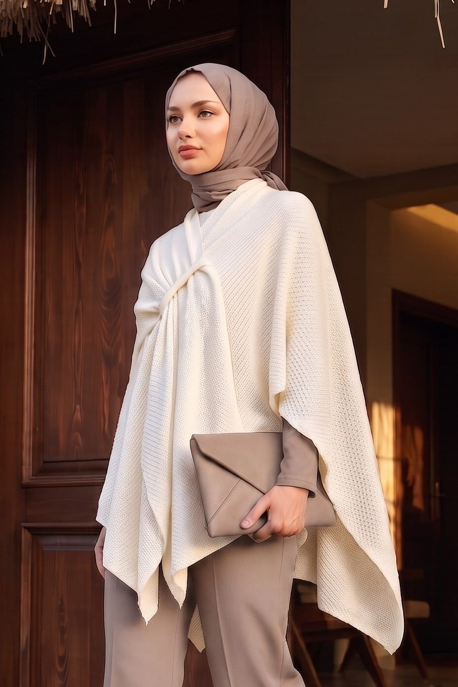 Relaxed Fit Knitted Poncho - White - Podyumplus - by Peralane - photo 2