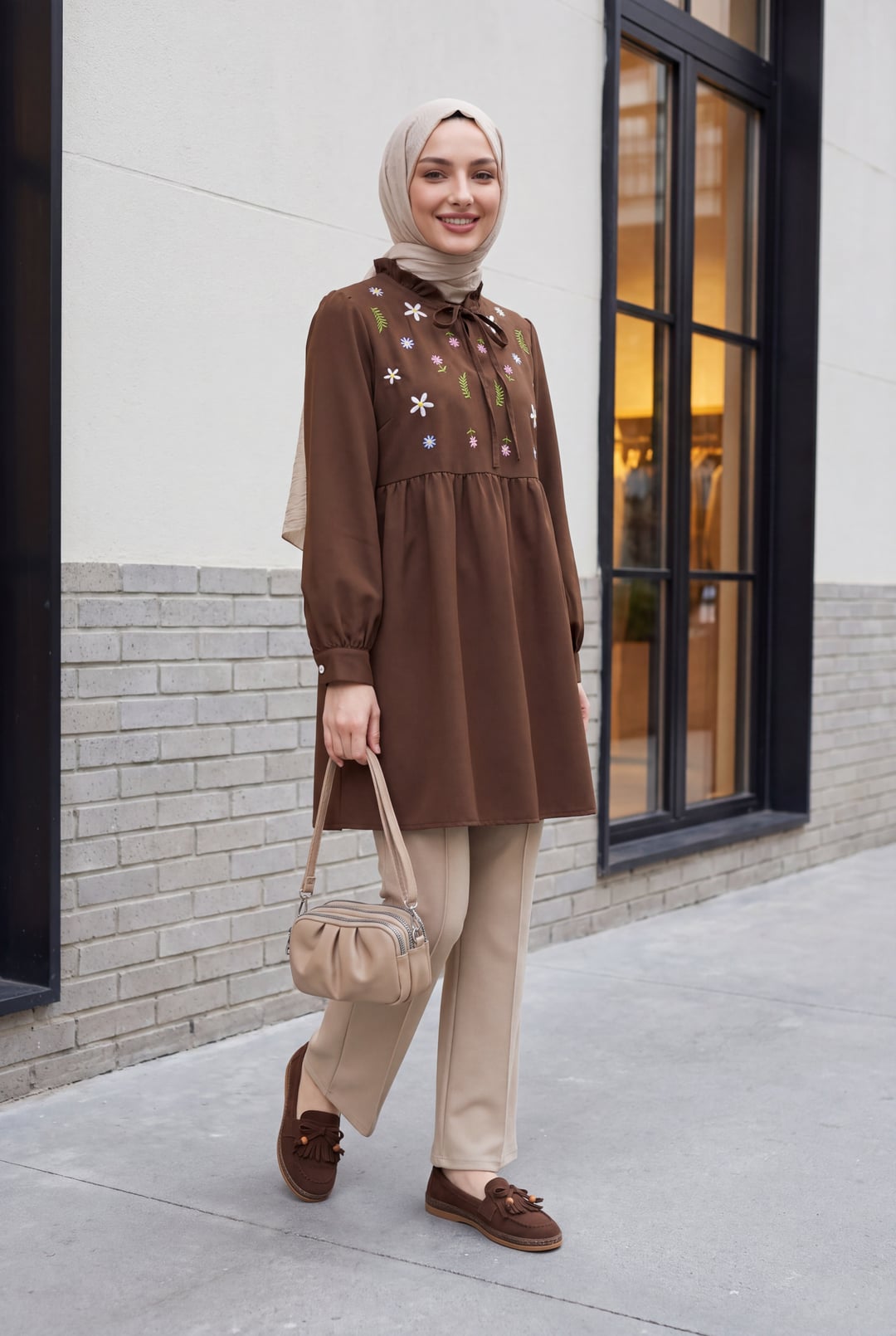 V-Neck Tie-Front Ruffled Floral Embroidered Poplin Tunic - Brown - Podyumplus - by Peralane - photo 4