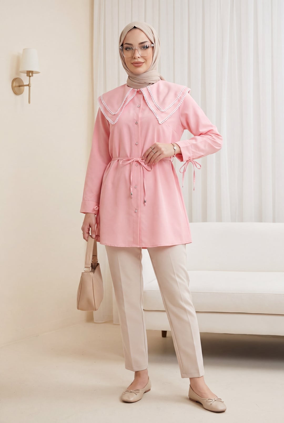 Lace Collar Tie Belt Poplin Tunic - Pink - Podyumplus - by Peralane - photo 3