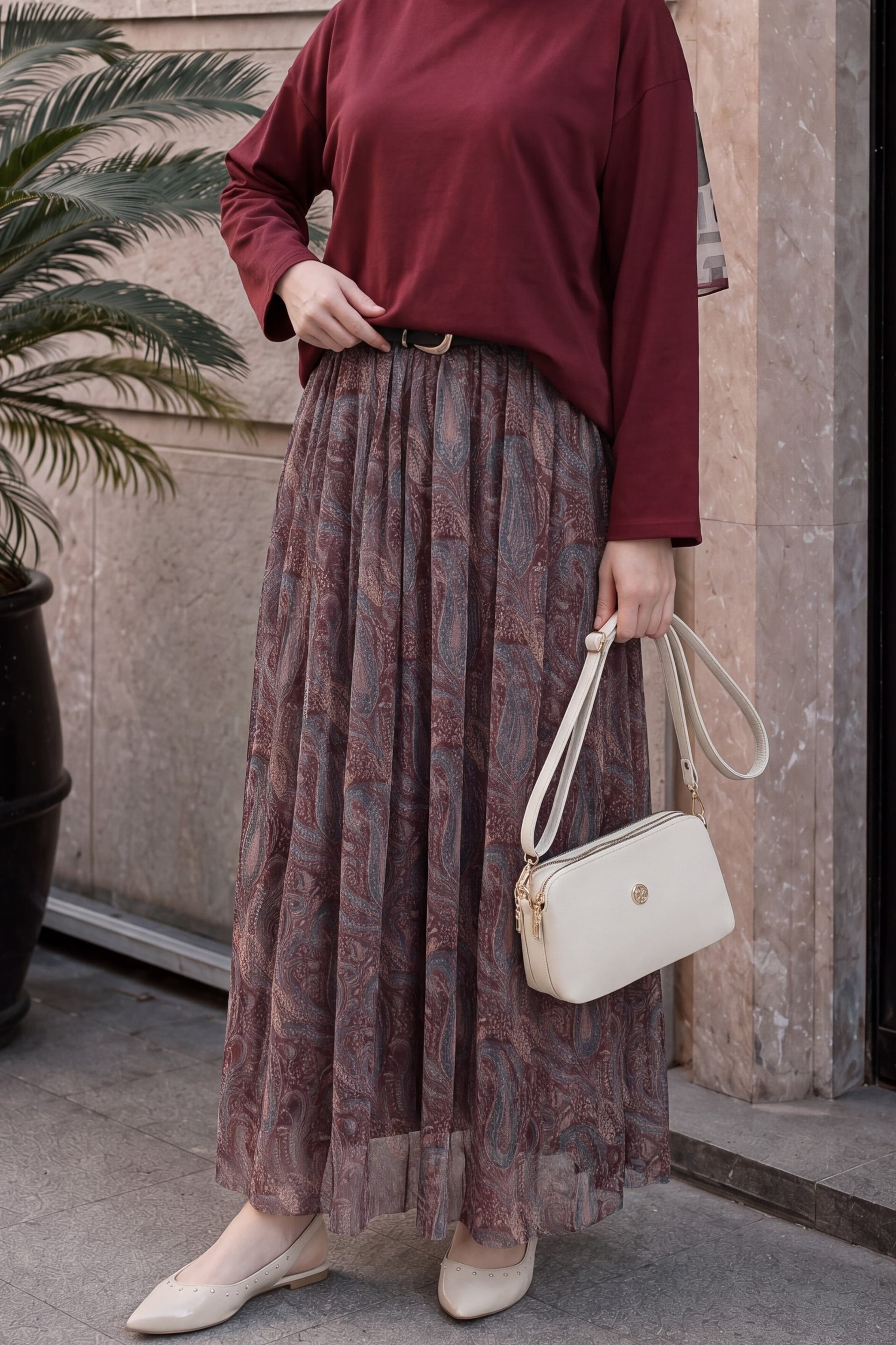 Burgundy Patterned Tulle Maxi Skirt with Elastic Waist and Belt | Peralane - Podyumplus - by Peralane - photo 3